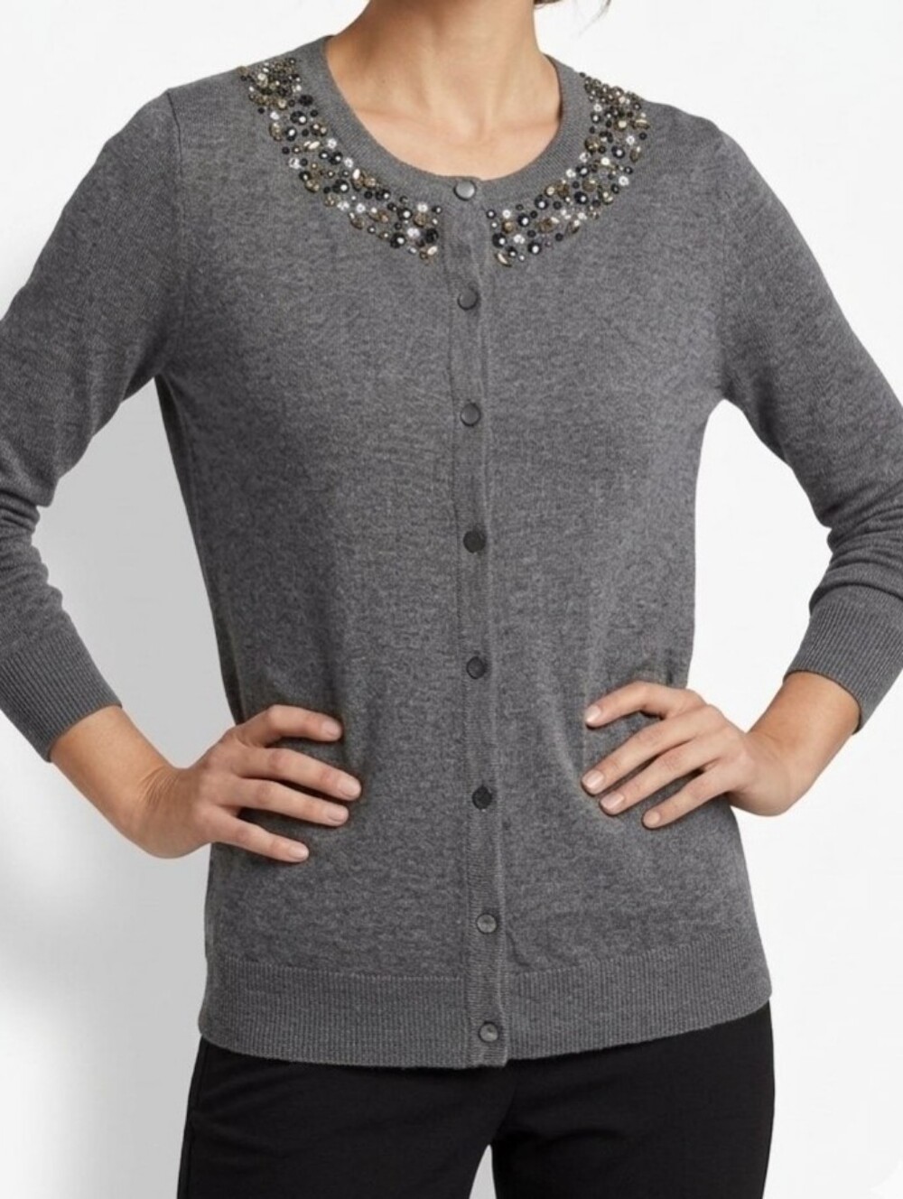 Merona Embellished Bwaded Cardigan Sweater Gray Cotton Blend Long Sleeve Sz M